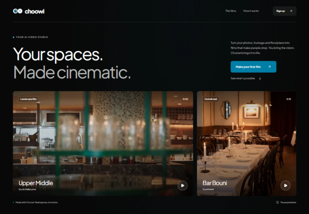 Screenshot of the Choowi AI video studio website