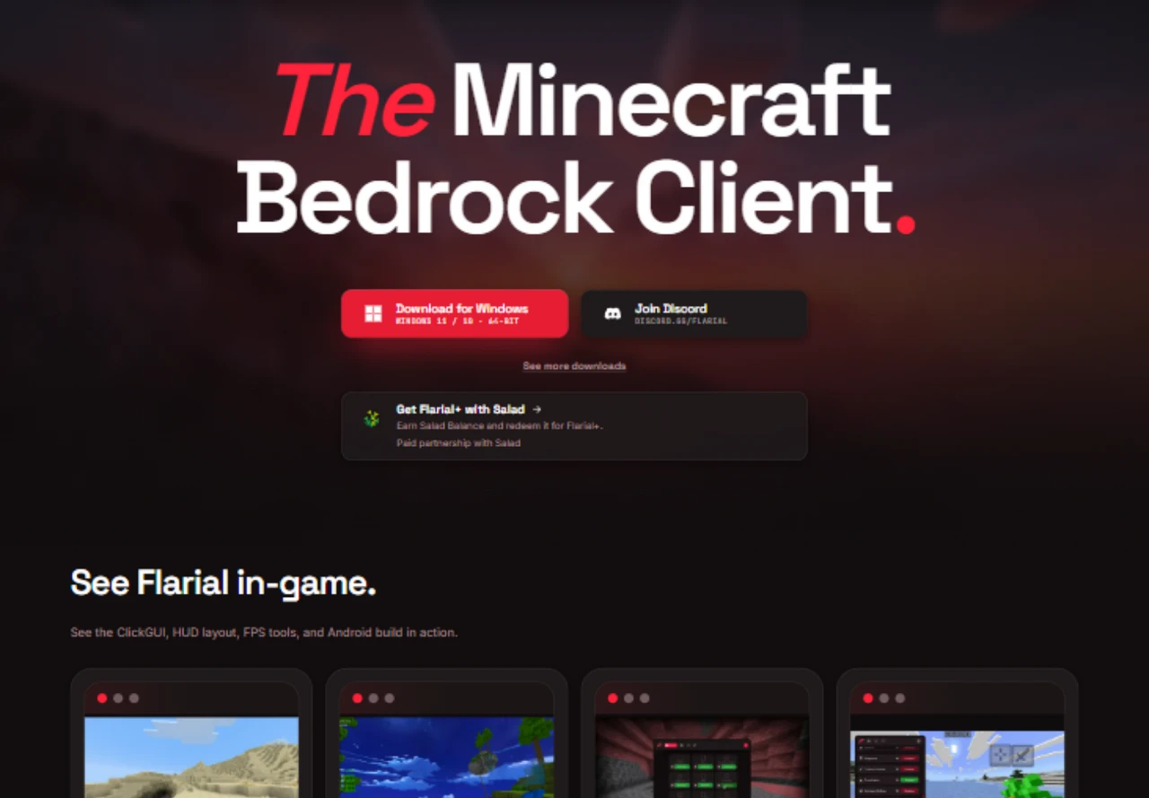 Screenshot of the Flarial Minecraft Bedrock client website